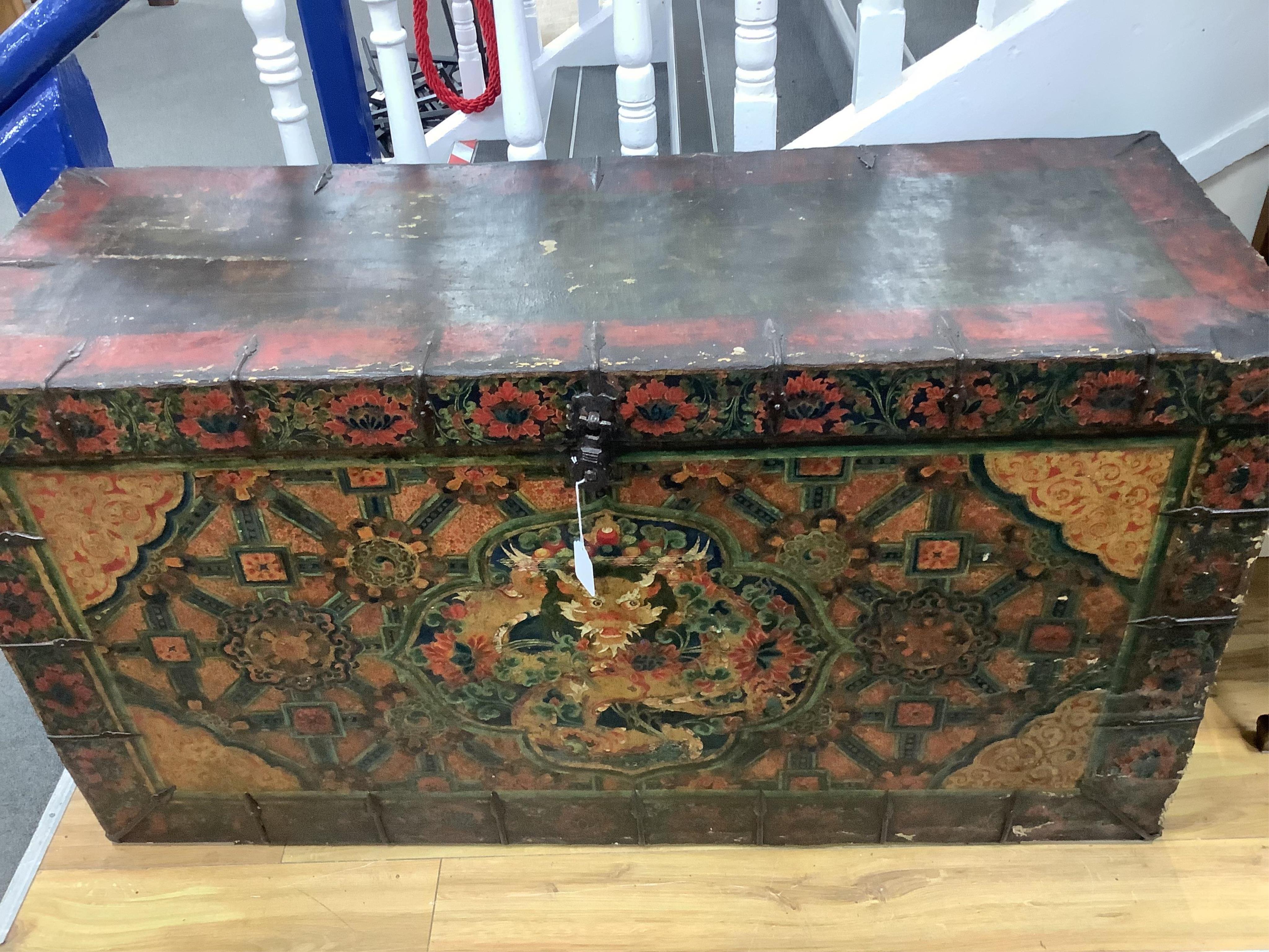 An early 19th century Tibetan, Dzongkha dragon painted trunk, width 122cm, depth 45cm, height 66cm. Condition - fair
